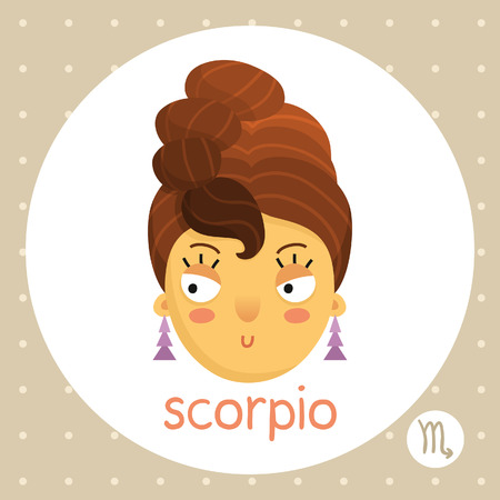 Scorpio cute zodiac sign illustration cartoon style girl with hair like scorpion tail badge horoscope symbol isolated on whiteのイラスト素材