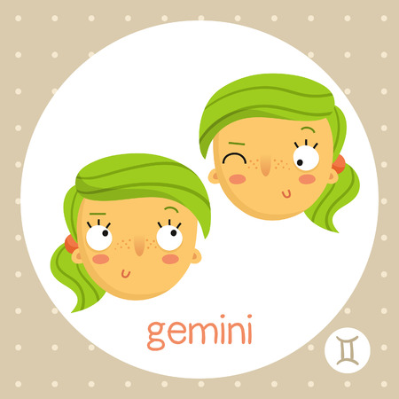 Gemini cute zodiac sign illustration cartoon style twin girls badge horoscope symbol isolated on whiteのイラスト素材