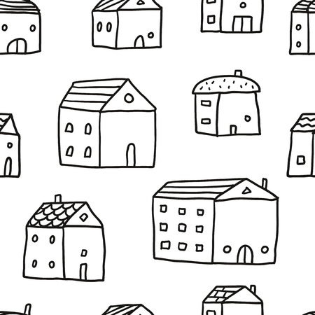 Cute doodle seamless pattern with sketch houses, black and white, children drawing styleのイラスト素材