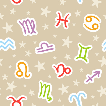 Doodle seamless pattern with bright zodiac signsのイラスト素材