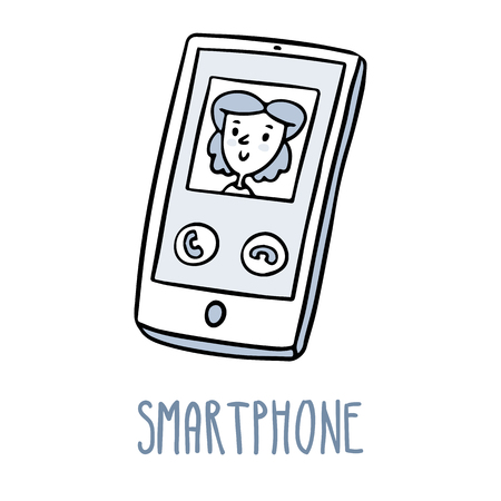 Cute doodle sketch of smartphone in blue tones, isolated on whiteのイラスト素材