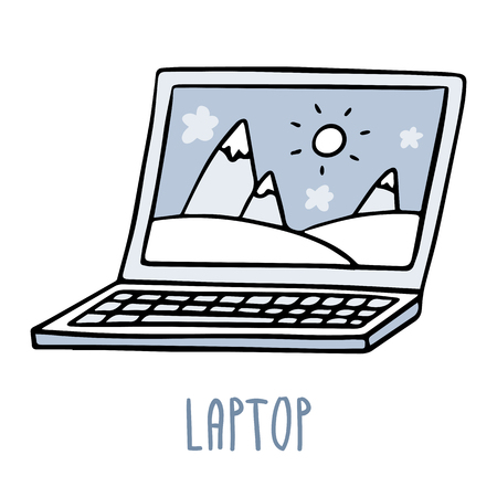 Cute doodle sketch of laptop in blue tones, isolated on whiteのイラスト素材