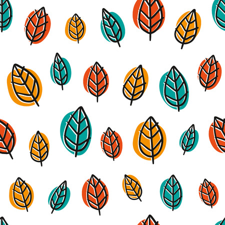 Cute vector doodle seamless pattern with bright leaves isolated on whiteのイラスト素材
