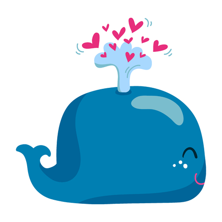 Cute vector illustration of a blue whale with a fountain of hearts, isolated on whiteのイラスト素材