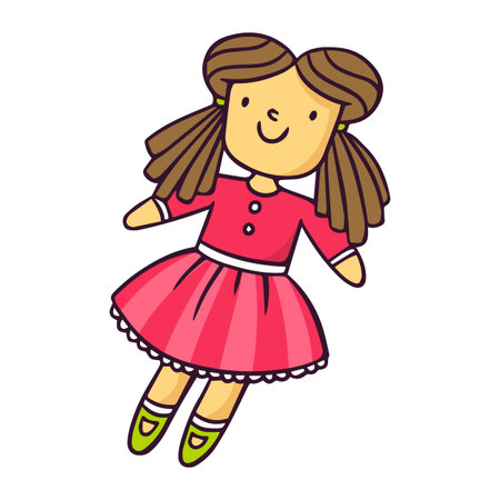 Doll, bright vector children illustration of cute toy in pink dress isolated on whiteのイラスト素材