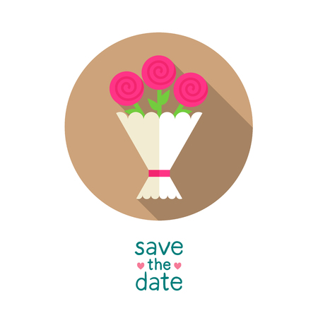 Wedding bouquet with pink roses, modern flat style round vector icon, save the date card templateのイラスト素材