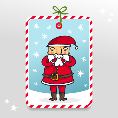 Santa Claus, cute vector gift tag with cartoon Christmas and New Year character on snowy backgroundのイラスト素材