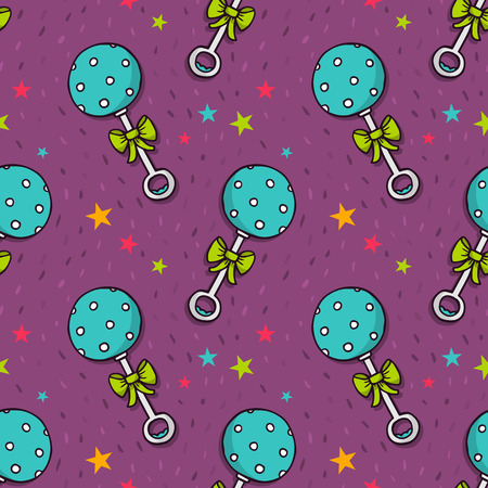Vector seamless pattern with rattle - cute toy for newborn - and starsのイラスト素材