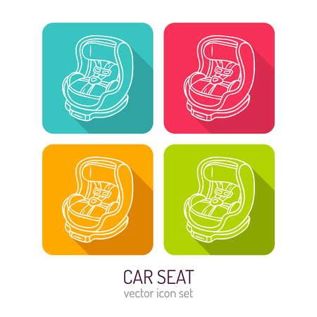 Vector line art baby car seat icon set in four color variations with flat style long shadows, baby store web interface design elements isolated on whiteのイラスト素材