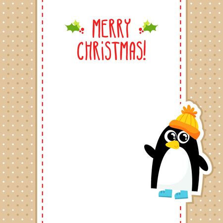 Funny penguin vector Christmas greeting card design template with funny animal character wearing bright hat and waving on dotted background with space for textのイラスト素材