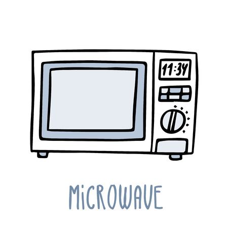 Cute vector doodle sketch microwave oven in blue tones, isolated on whiteのイラスト素材