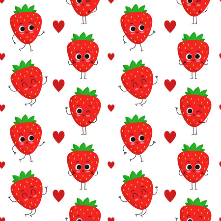 Strawberry, vector seamless pattern with cute fruit characters and hearts isolated on whiteのイラスト素材