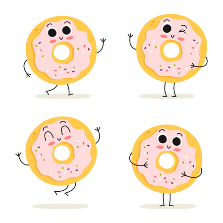 Donut. Cute fast food vector character set isolated on whiteのイラスト素材