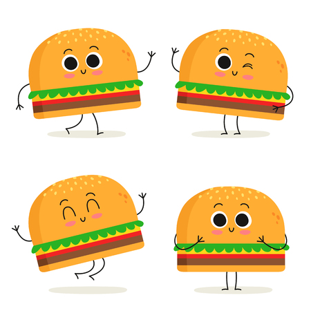 Burger. Cute fast food vector character set isolated on whiteのイラスト素材