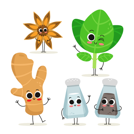 Adorable collection of five cartoon herbs & spices characters isolated on white: anise, oregano, ginger, salt and pepper shakersのイラスト素材