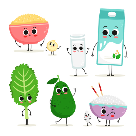 Adorable collection of five cartoon vegan protein food characters isolated on white: quinoa, soy milk, kale, avocado and riceのイラスト素材