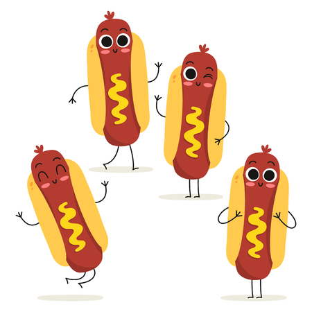 Hot dog. Cute fast food vector character set isolated on whiteのイラスト素材