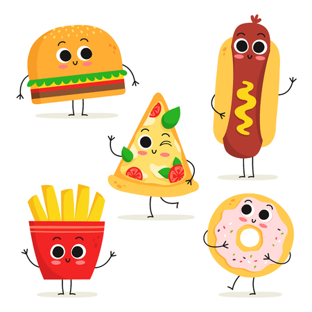 Cute set of five cartoon fast food characters isolated on white: burger, hot dog, pizza slice, french fries and donutのイラスト素材