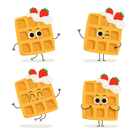 Waffles with whipped cream and strawberries. Cute fast food dessert vector character set isolated on whiteのイラスト素材