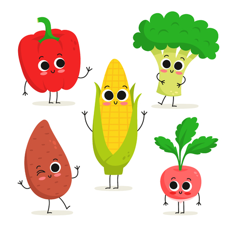 Adorable collection of five cartoon vegetable characters isolated on white: bell pepper, sweet potato, corn, broccoli, radishのイラスト素材