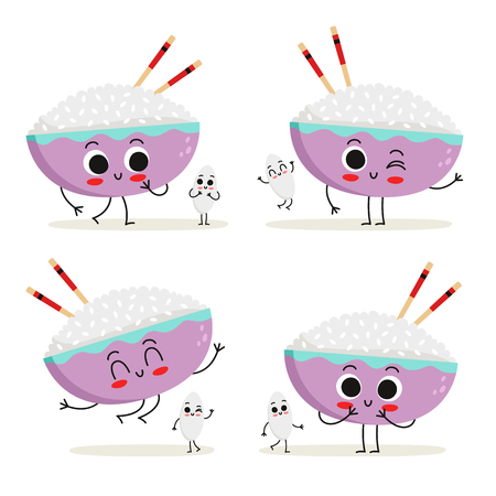 Rice. Cute cartoon vegan protein food vector character set - bowl of rice with chopsticks and rice grain - isolated on whiteのイラスト素材