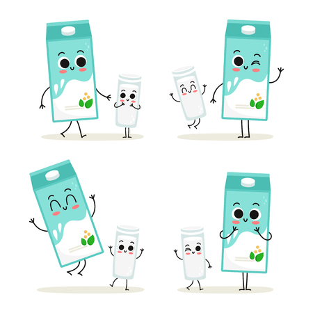 Soy milk. Cute cartoon vegan protein food vector character set - carton and glass of soy milk - isolated on whiteのイラスト素材