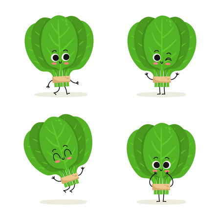 Spinach. Cute cartoon vegan protein food vector character set isolated on whiteのイラスト素材