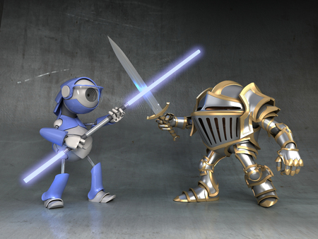 Cartoon knight dwarf and the robot fight with swordsの写真素材