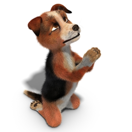 Dog praying on his knees. 3D illustration. Isolated white backgroundの写真素材