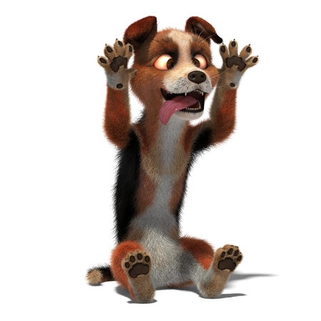 Dog grimaces sitting on the floor. 3D illustration. Isolated white backgroundの写真素材