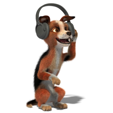 Dog listening to music in headphones. 3D illustration. Isolated white backgroundの写真素材