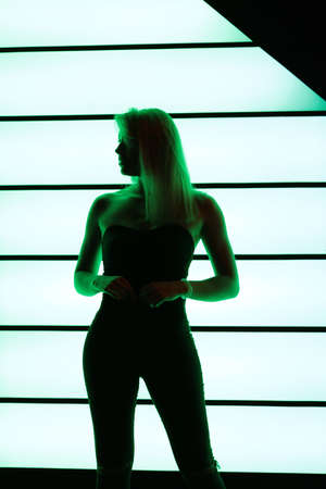 Club style photo of girl in a black corset and jeans. Set is a lit with a green color. Picture has dark tone. Wall of neon has green color.の写真素材