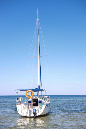 Bautiful motor boat along in the Black sea clear blue water near island in Skadovsk Region, Kherson...