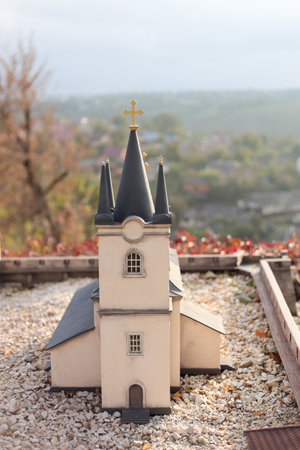 Kamyanets Podolsky, Ukraine - October 17, 2020: Museum of Miniatures Castles of Ukraine. The museum is in the open air. Nice music plays on the territory, all the castles are illuminated in the dark.のeditorial素材