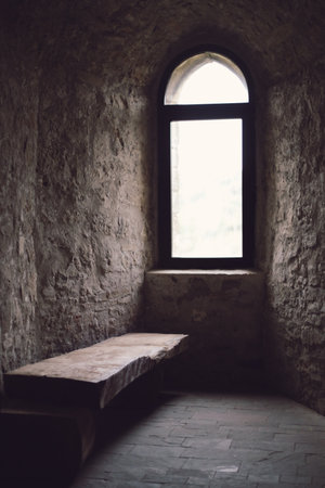 A bench near window in Khotyn fortress of the X XVIII centuries with a fortification complex, One of the seven wonders of Ukraine located on the right bank of the river. Dniesterのeditorial素材