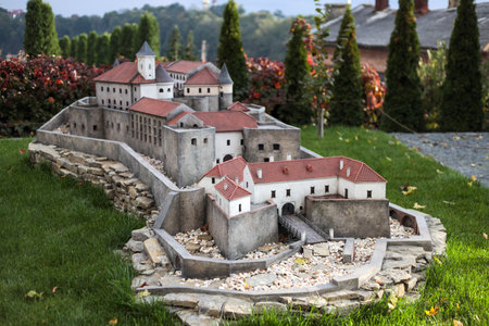 Kamyanets Podolsky, Ukraine - October 17, 2020: Museum of Miniatures Castles of Ukraine. The museum is in the open air. Nice music plays on the territory, all the castles are illuminated in the dark.のeditorial素材