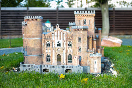 Kamyanets Podolsky, Ukraine - October 17, 2020: Museum of Miniatures Castles of Ukraine. The museum is in the open air. Nice music plays on the territory, all the castles are illuminated in the dark.のeditorial素材