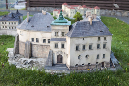 Kamyanets Podolsky, Ukraine - October 17, 2020: Museum of Miniatures Castles of Ukraine. The museum is in the open air. Nice music plays on the territory, all the castles are illuminated in the dark.のeditorial素材