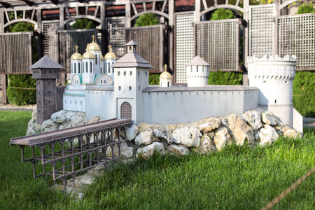Kamyanets Podolsky, Ukraine - October 17, 2020: Museum of Miniatures Castles of Ukraine. The museum is in the open air. Nice music plays on the territory, all the castles are illuminated in the dark.のeditorial素材
