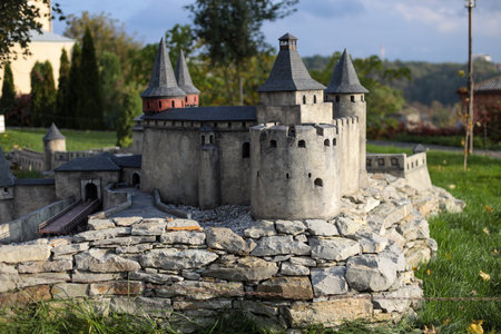 Kamyanets Podolsky, Ukraine - October 17, 2020: Museum of Miniatures Castles of Ukraine. The museum is in the open air. Nice music plays on the territory, all the castles are illuminated in the dark.のeditorial素材
