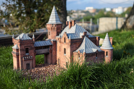 Kamyanets Podolsky, Ukraine - October 17, 2020: Museum of Miniatures Castles of Ukraine. The museum is in the open air. Nice music plays on the territory, all the castles are illuminated in the dark.のeditorial素材