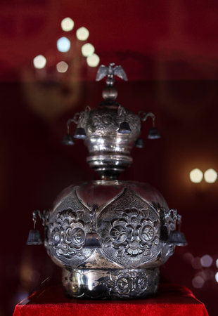 Kamyanets Podolsky, Ukraine - October 17, 2020: museum great exhibition, worlds crowns and coronas collection. Official and Historic Crowns of the World. From rich, diamond encrusted royal masterpieceのeditorial素材