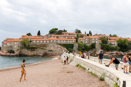 Sveti Stefan, Montenegro- September, 2021: sea island summer with beach (Montenegro, 6 kilometers southeast of Budva). luxury resort for reach people. Resort includes the islet of Sveti Stefan.のeditorial素材