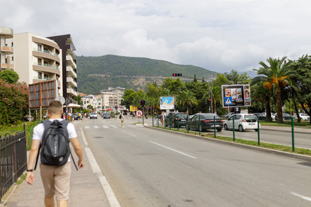 Budva, Montenegro- September 15, 2021: Slovenska Plaza district with modern buildings. People on the street in summerのeditorial素材