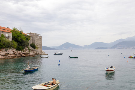 Sveti Stefan, Montenegro- September, 2021: sea island summer with beach (Montenegro, 6 kilometers southeast of Budva). luxury resort for reach people. Resort includes the islet of Sveti Stefan.のeditorial素材