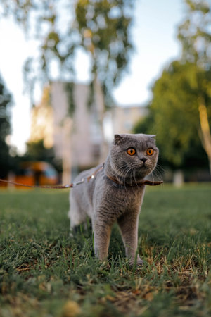 Serious scared Gray Scottish-fold shorthair fluffy cat on leash with orange eyes walking on green...