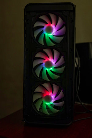 Close-up and outside high performance Desktop PC and Cooling system on CPU socket with multicolored...