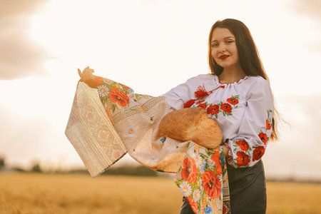 Young girl is standing in the wheat field wearing Ukrainian national ethnic embroidered shirt and...