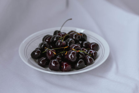Fresh ripe dark black huge sweet cherries and water drops on white plate, light cloth background. Rustic organic fruits to eat. Bio and eco berries for jam, juice, smoothie, desserts. selective focusの写真素材