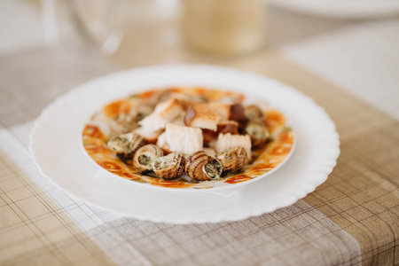 Bourgogne Escargot Snails with garlic, cheese with herbs butter in a creamy sauce with bread on...